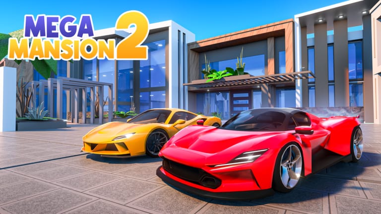 Mega Mansion 2 Roblox screenshot showing a wide mansion plot, landscaping, and neighboring player houses